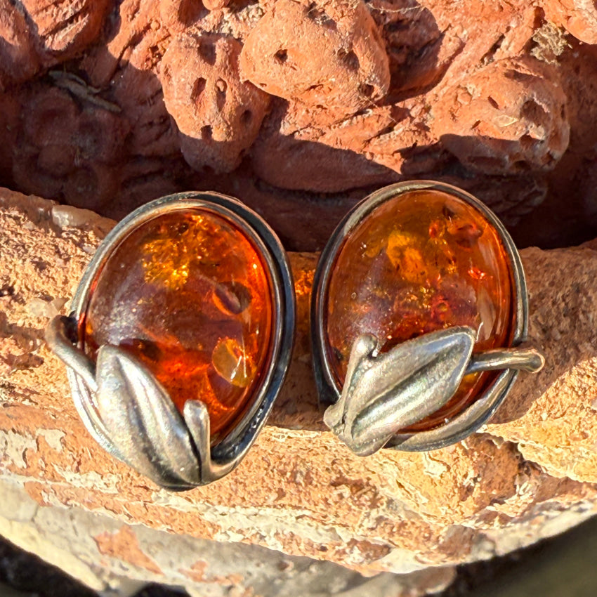 Vintage Sterling Silver Amber Pierced Post Earrings with Leaves earrings