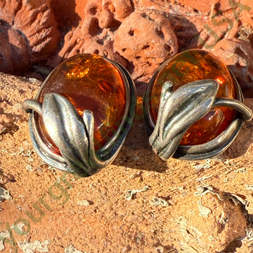 Vintage Sterling Silver Amber Pierced Post Earrings with Leaves earrings