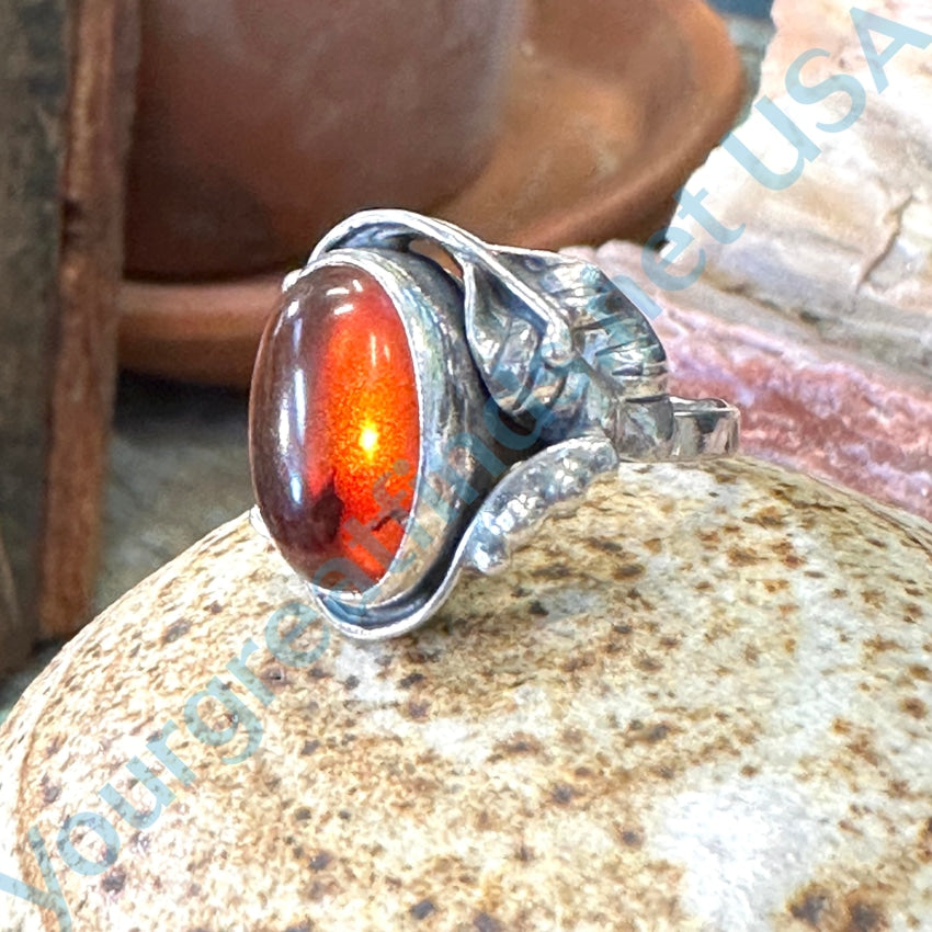 Vintage Modernist Amber Sterling Silver Ring top - Size 6