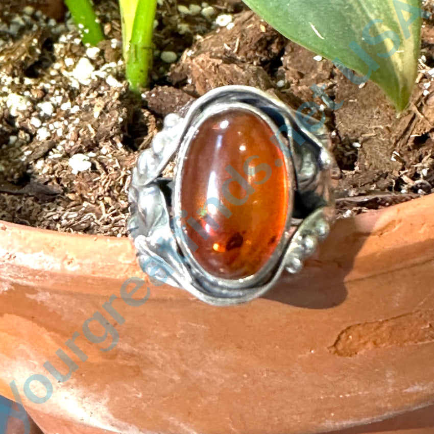 Vintage Sterling Silver Amber Ring Size 6
