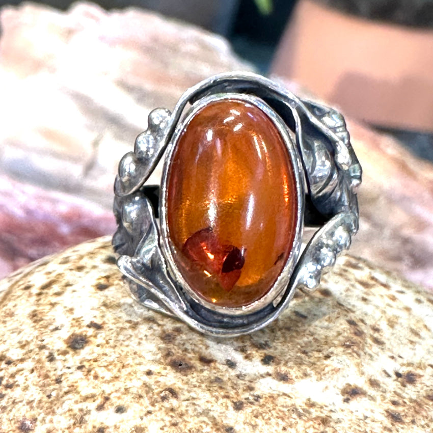 Vintage Sterling Silver Amber Ring Size 6