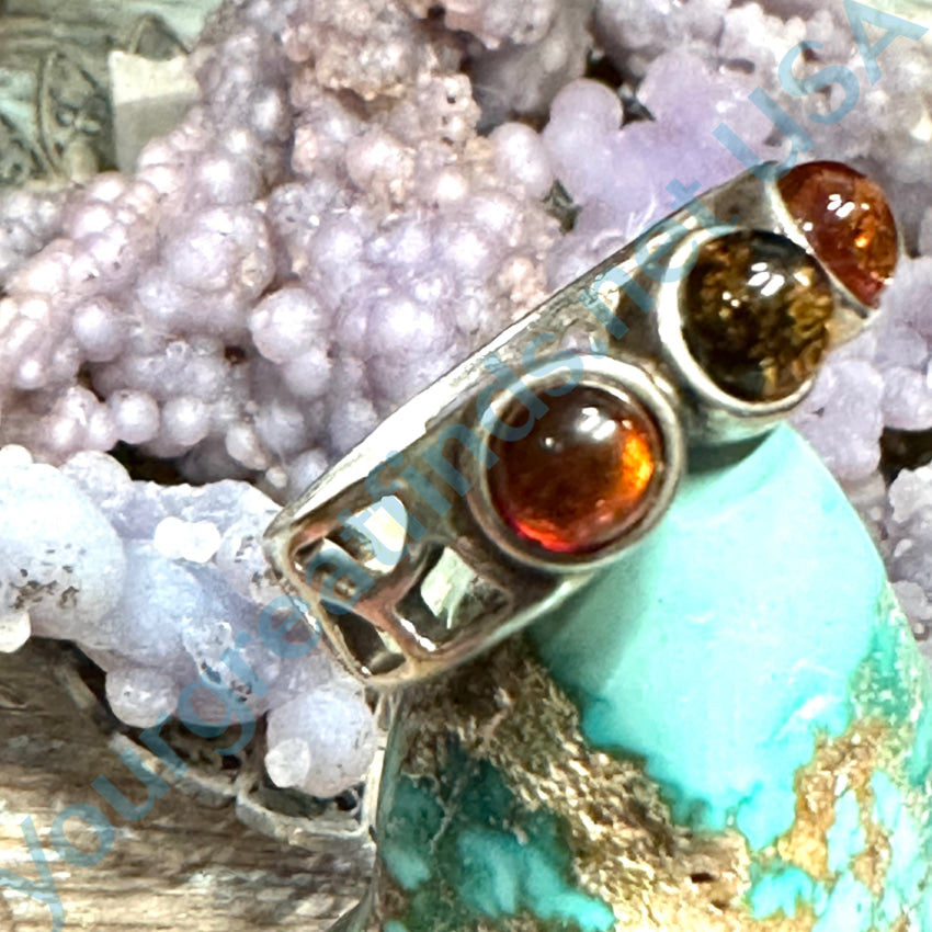 Vintage Sterling Silver &amp; Amber Row Ring Size 7