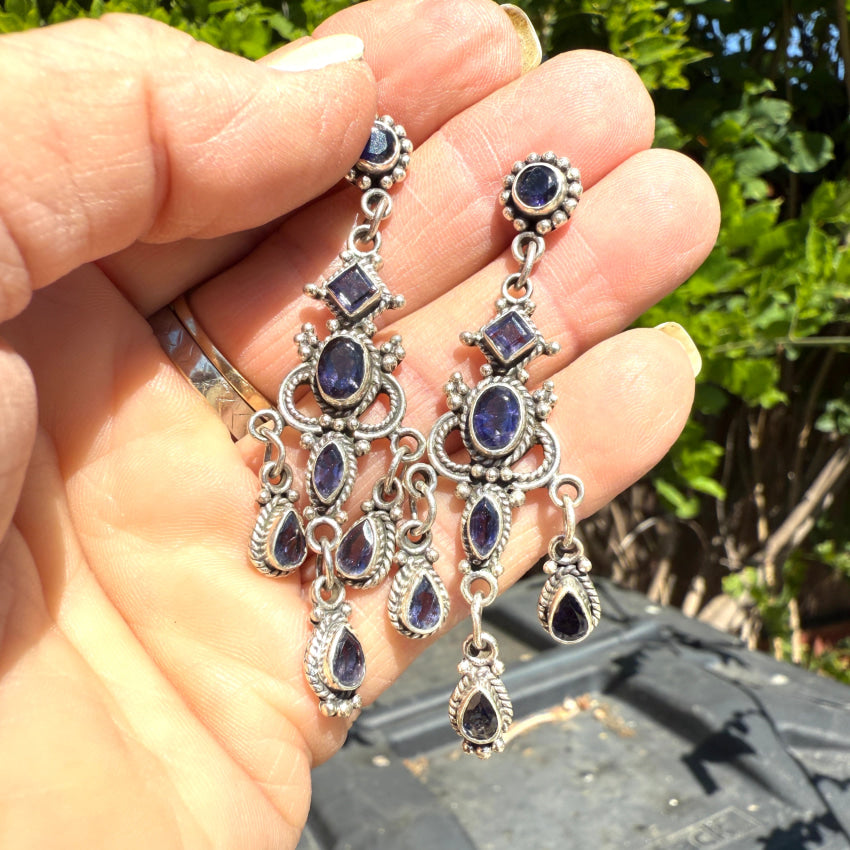 Vintage Sterling Silver Amethyst Chandelier Pierced Post Earrings earrings