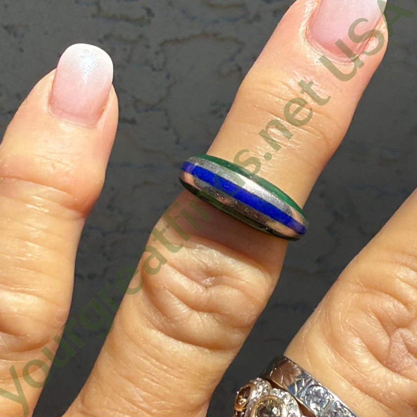 Vintage Sterling Silver Band Ring Blue & Green Enamel Size 5 ring