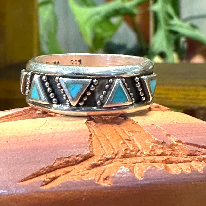 Vintage Sterling Silver Band Ring Triangular Turquoise Inlay Size 8