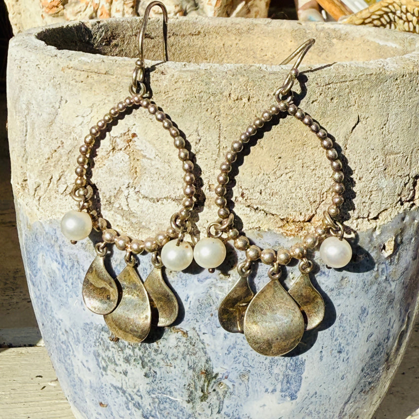 Vintage Sterling Silver Beaded Hoop Earrings Pearls Earrings