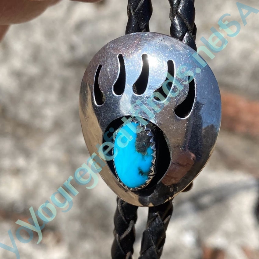 Bear Paw Bolo Tie Crushed Turquoise Wood Sterling Silver Leather store