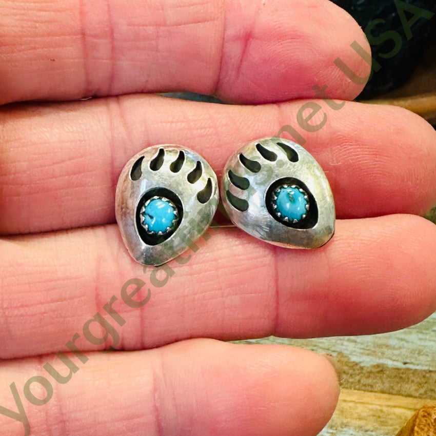 Vintage Sterling Silver Bear Track Turquoise Stud Pierced Earrings