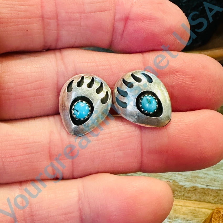 Vintage Sterling Silver Bear Track Turquoise Stud Pierced Earrings