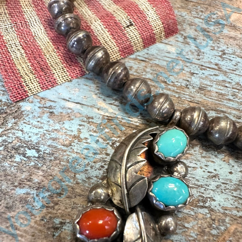 Vintage Sterling Silver Bench Bead Turquoise Red Coral Necklace