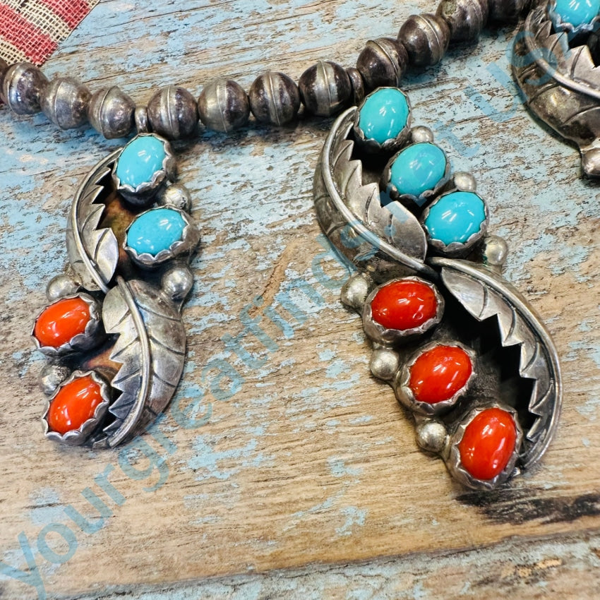 Vintage Sterling Silver Bench Bead Turquoise Red Coral Necklace