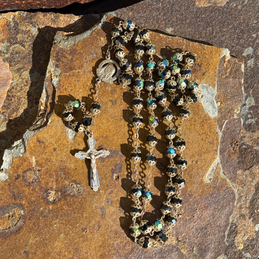 Vintage Sterling Silver Black Aurora Borealis Glass Bead Catholic Rosary rosary necklace