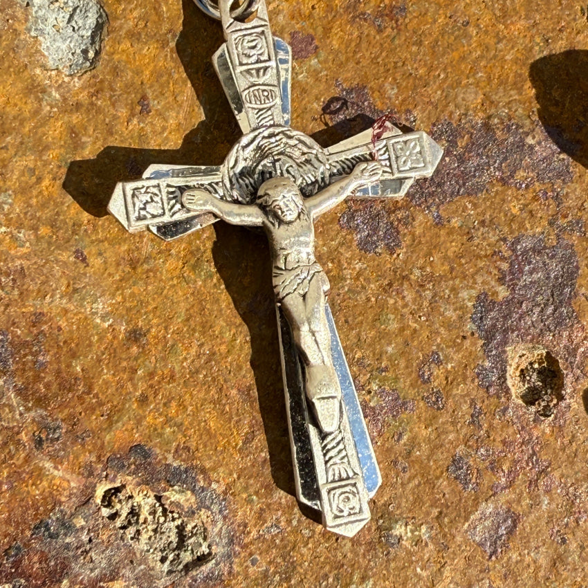 Vintage Sterling Silver Black Aurora Borealis Glass Bead Catholic Rosary rosary necklace