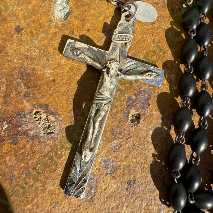 Vintage Sterling Silver & Black Coco Bead Mourning Rosary Original Tags rosary necklace