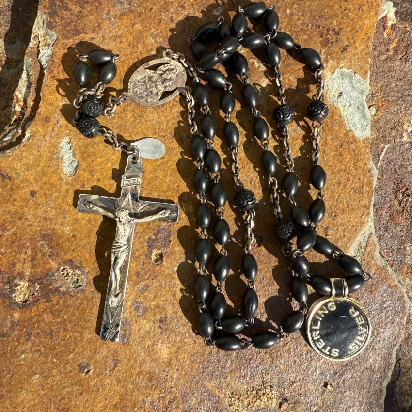 Vintage Sterling Silver & Black Coco Bead Mourning Rosary Original Tags rosary necklace