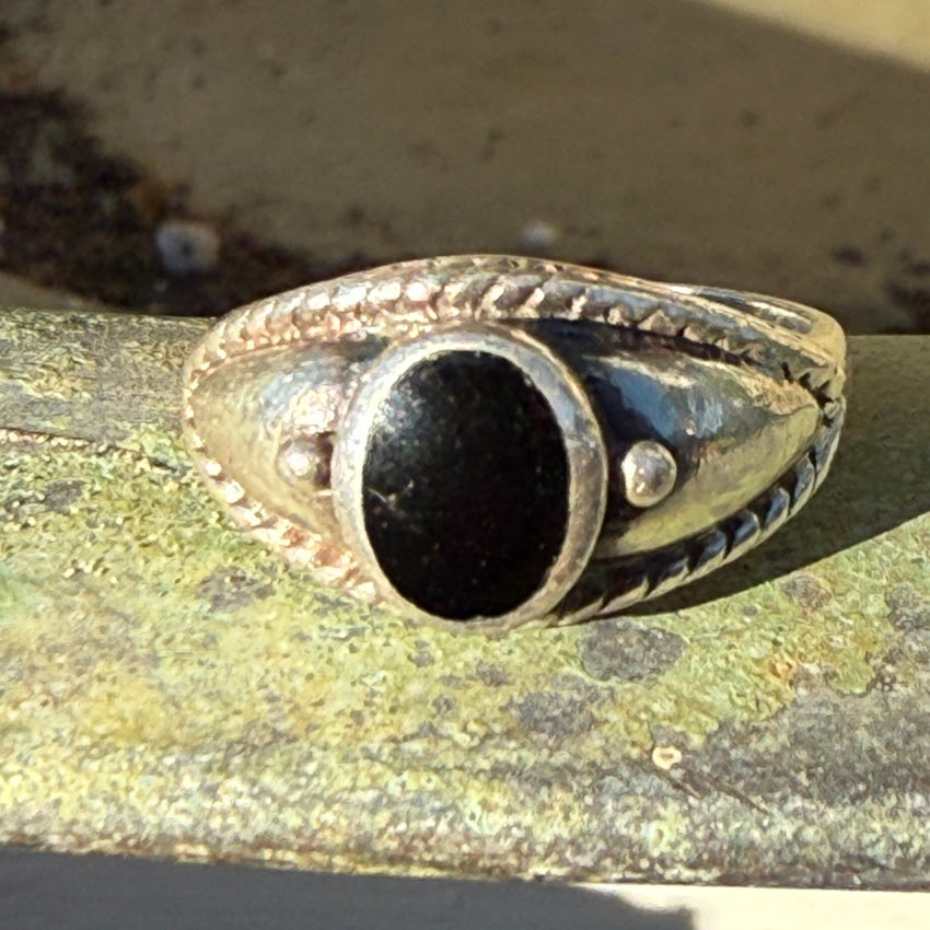 Vintage Sterling Silver & Black Enamel Signet Ring 8 ring