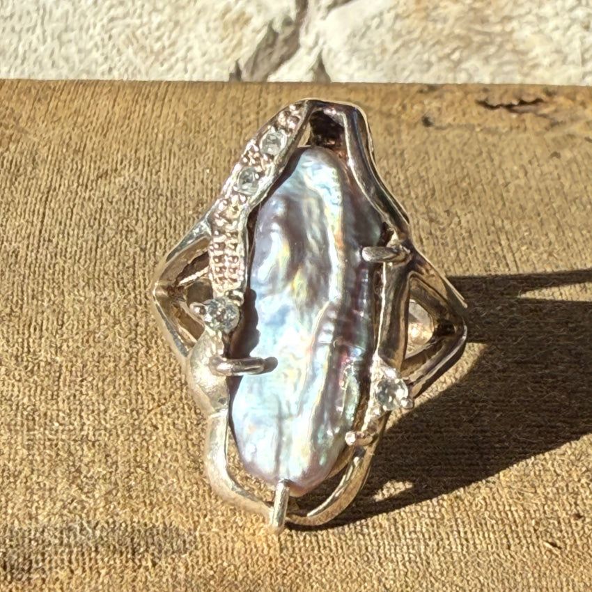 Vintage Sterling Silver Black Fresh Water Pearl Aquamarine Ring Size 7 ring