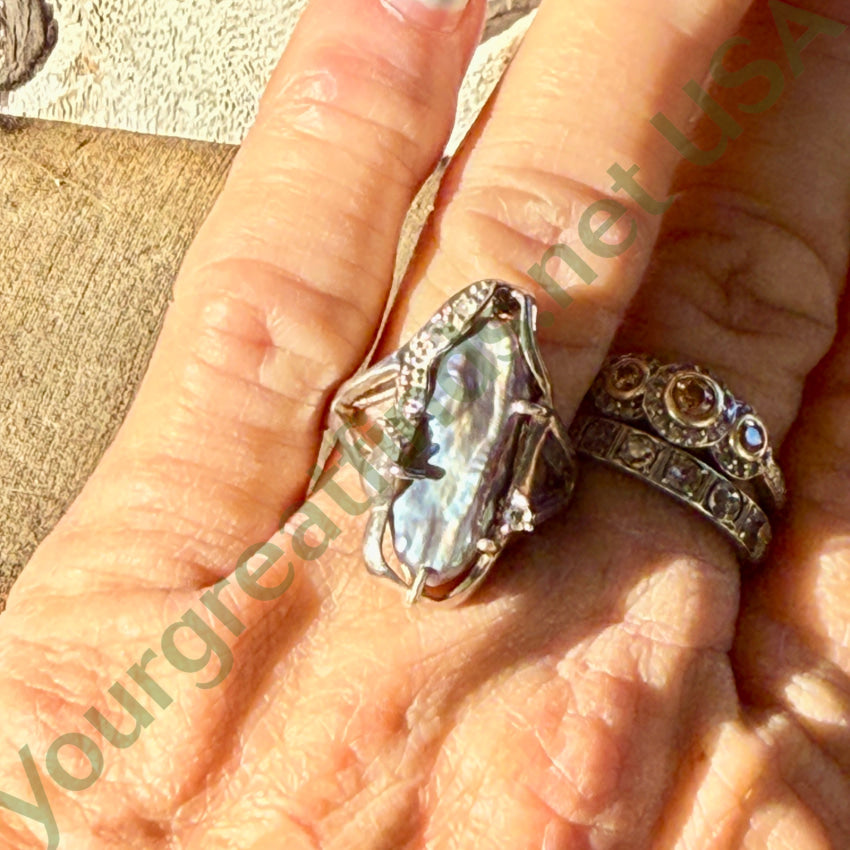 Vintage Sterling Silver Black Fresh Water Pearl Aquamarine Ring Size 7 ring