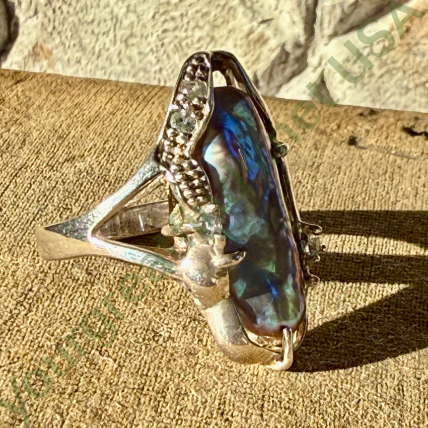 Vintage Sterling Silver Black Fresh Water Pearl Aquamarine Ring Size 7 ring