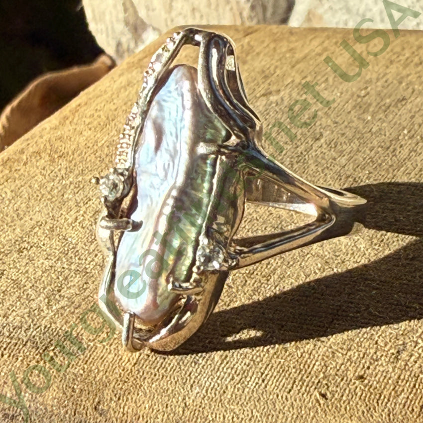 Vintage Sterling Silver Black Fresh Water Pearl Aquamarine Ring Size 7 ring