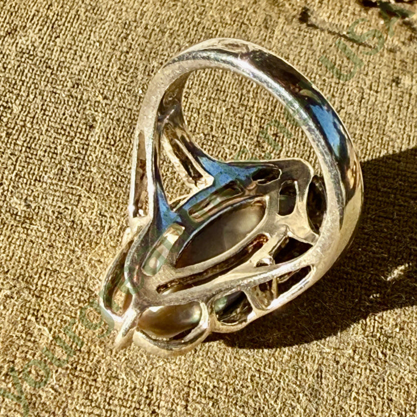Vintage Sterling Silver Black Fresh Water Pearl Aquamarine Ring Size 7 ring