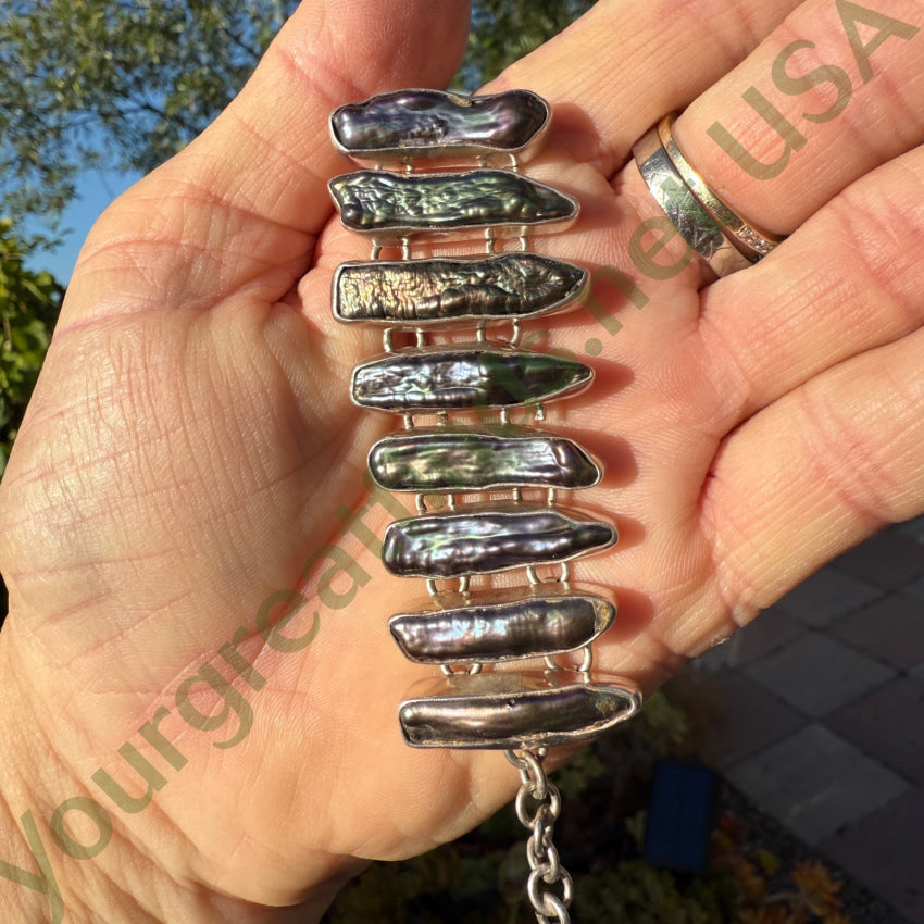 Vintage Sterling Silver & Black Freshwater Pearl Bracelet Bracelets