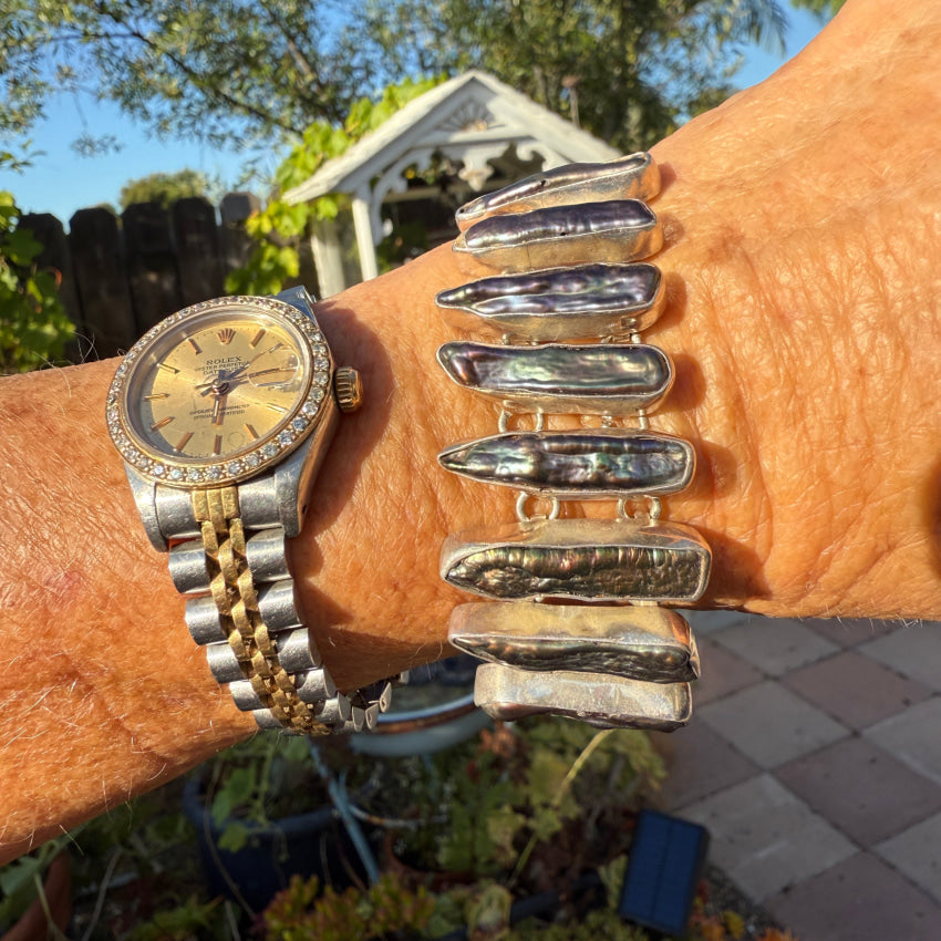 Vintage Sterling Silver & Black Freshwater Pearl Bracelet Bracelets