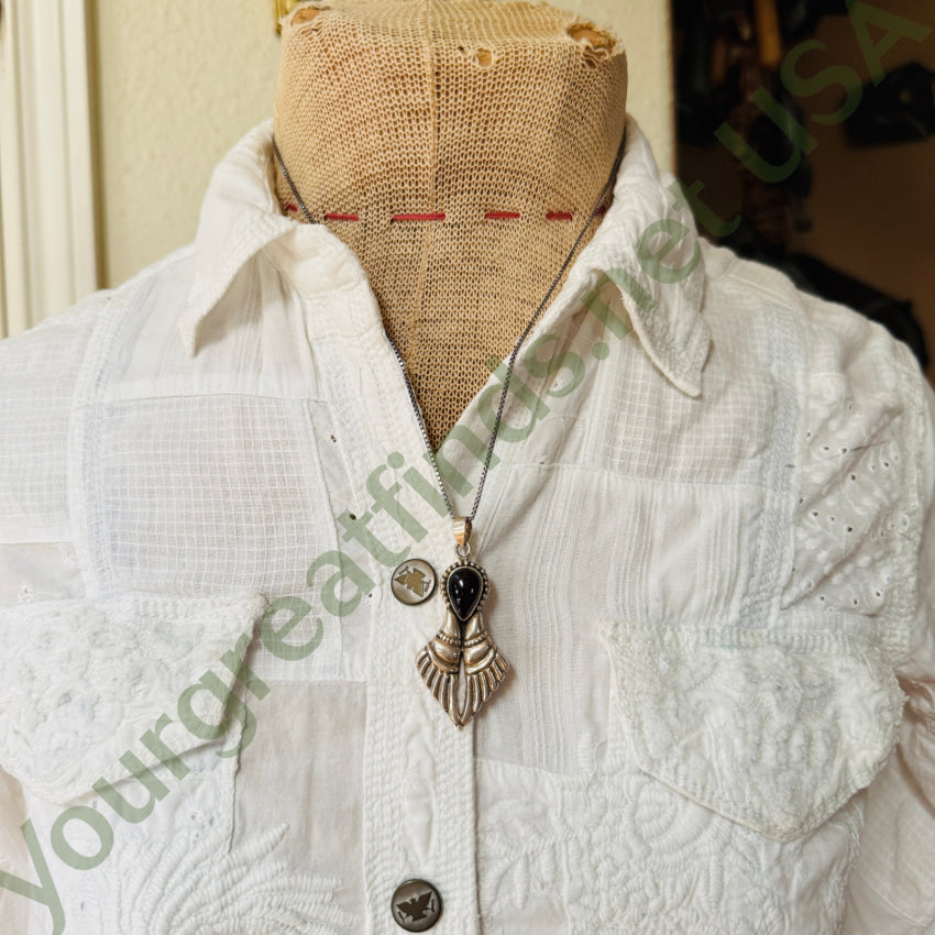 Vintage Sterling Silver & Black Onyx Pendant Chain Necklace necklace