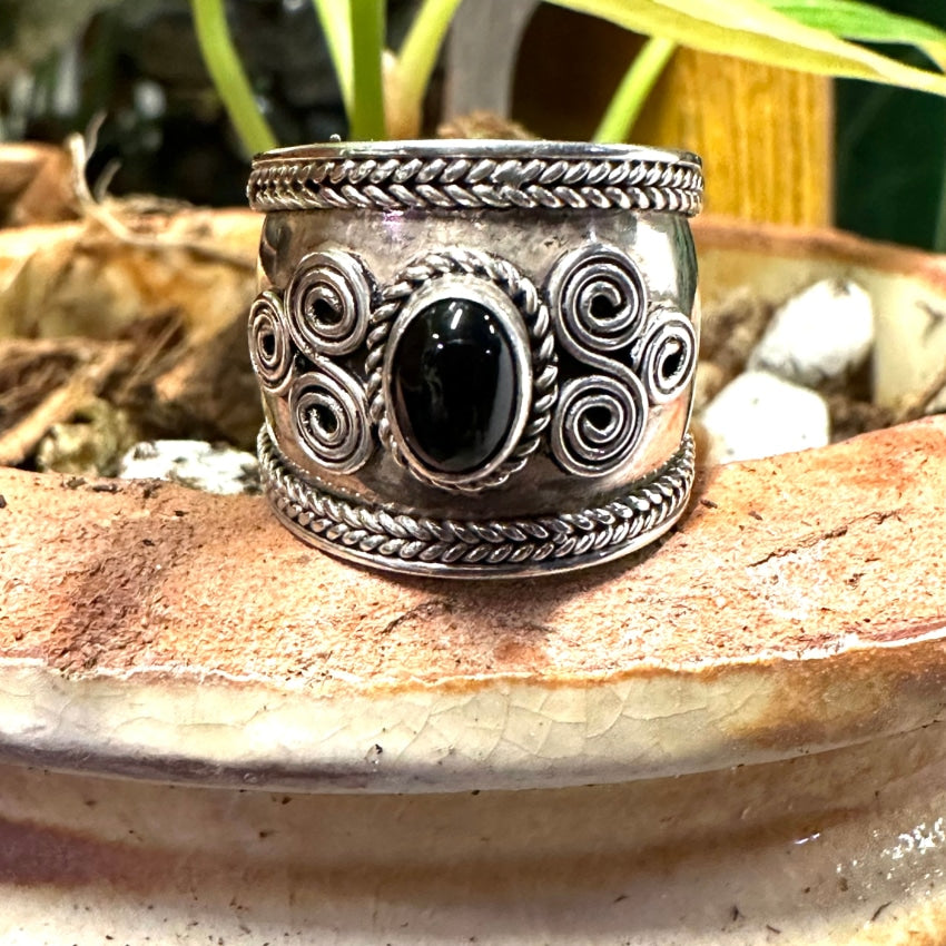 Mens Plain Real 925 Sterling Silver Black Onyx Stone Ring Miami Cuban Link  Band