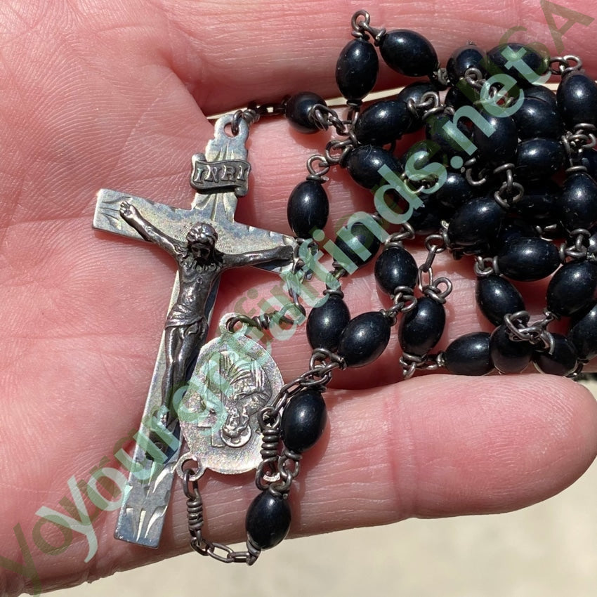 Vintage Sterling Silver Black Vulcanite Bead Rosary AP Yourgreatfinds