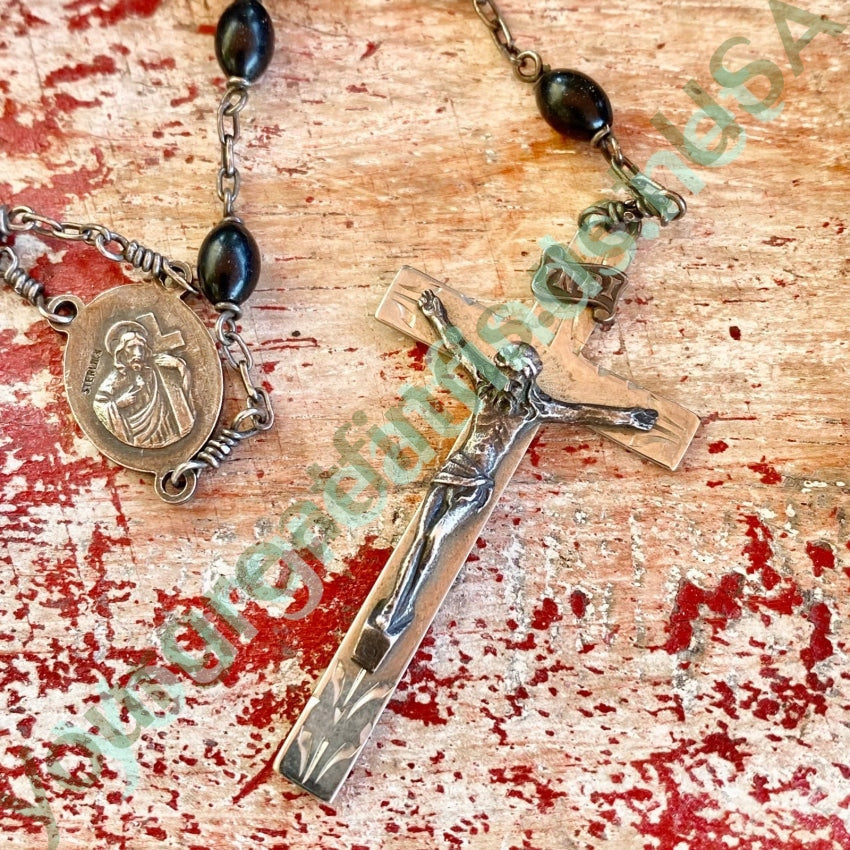 Vintage Sterling Silver Black Vulcanite Bead Rosary AP Yourgreatfinds