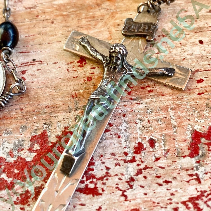 Vintage Sterling Silver Black Vulcanite Bead Rosary AP Yourgreatfinds