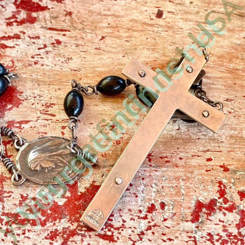 Vintage Sterling Silver Black Vulcanite Bead Rosary AP Yourgreatfinds