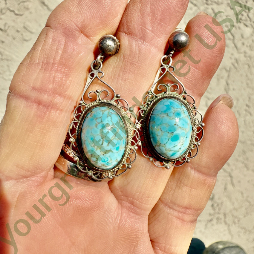 Vintage Sterling Silver Blue Art Glass Earrings earrings