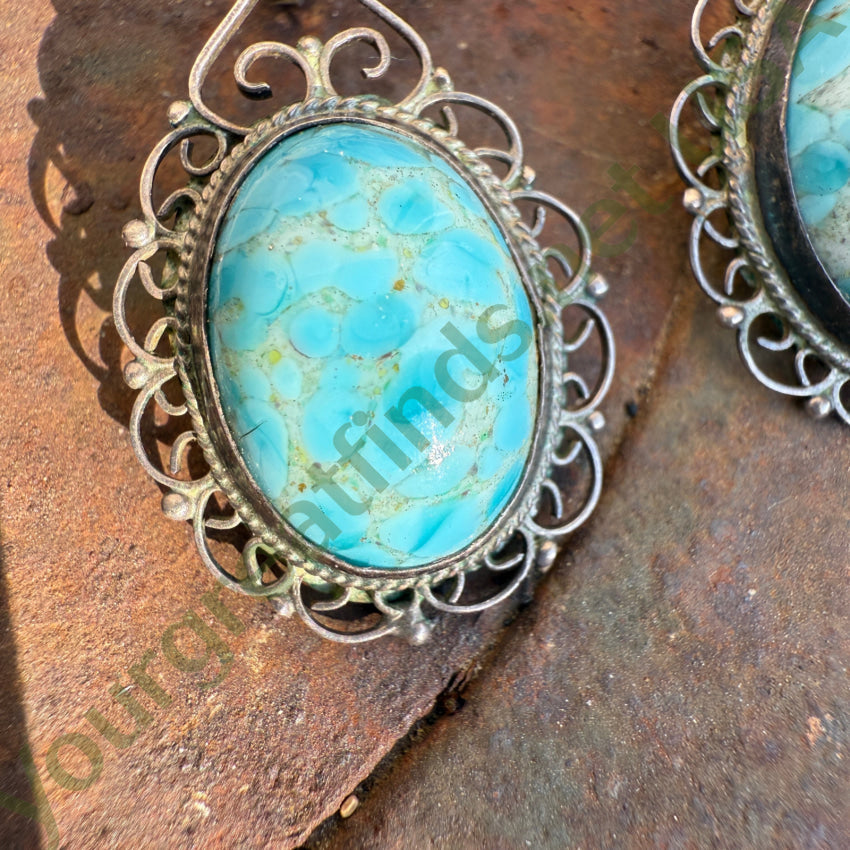 Vintage Sterling Silver Blue Art Glass Earrings earrings