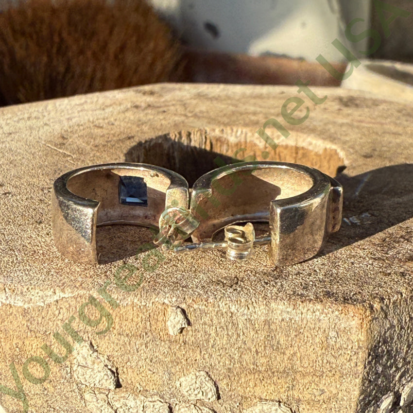 Vintage Sterling Silver & Blue CZ Hoop Pierced Earrings Earrings