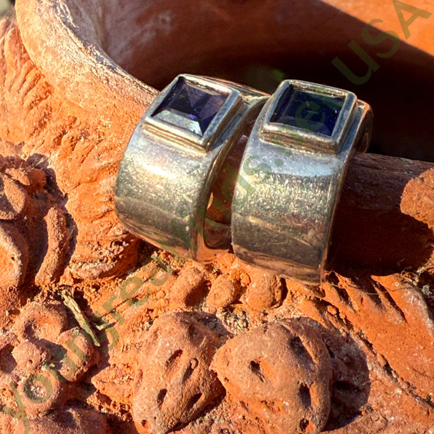 Vintage Sterling Silver & Blue CZ Hoop Pierced Earrings Earrings