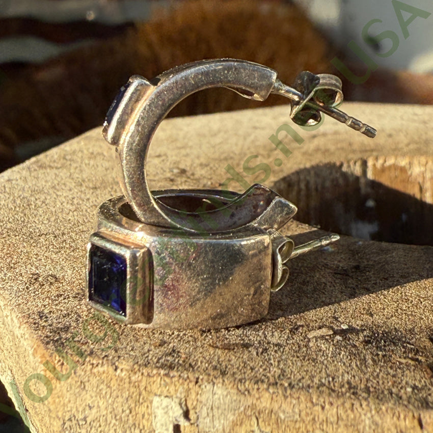 Vintage Sterling Silver & Blue CZ Hoop Pierced Earrings Earrings