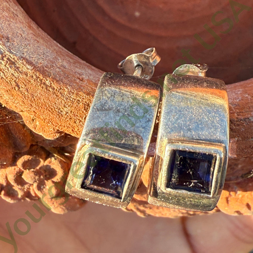 Vintage Sterling Silver & Blue CZ Hoop Pierced Earrings Earrings