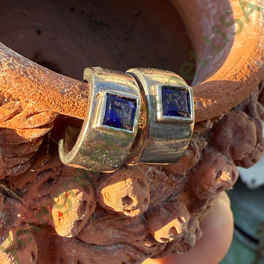 Vintage Sterling Silver & Blue CZ Hoop Pierced Earrings Earrings