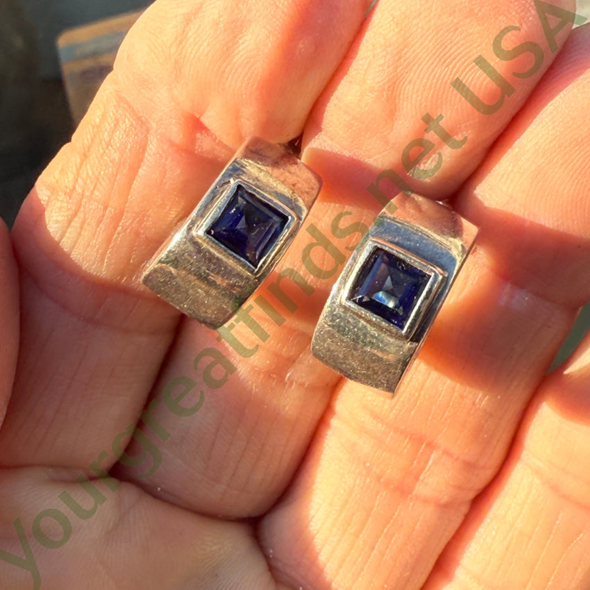 Vintage Sterling Silver & Blue CZ Hoop Pierced Earrings Earrings