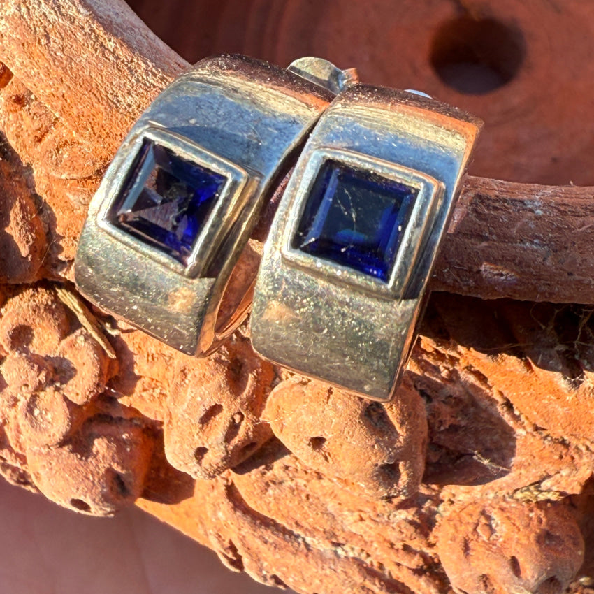 Vintage Sterling Silver & Blue CZ Hoop Pierced Earrings Earrings