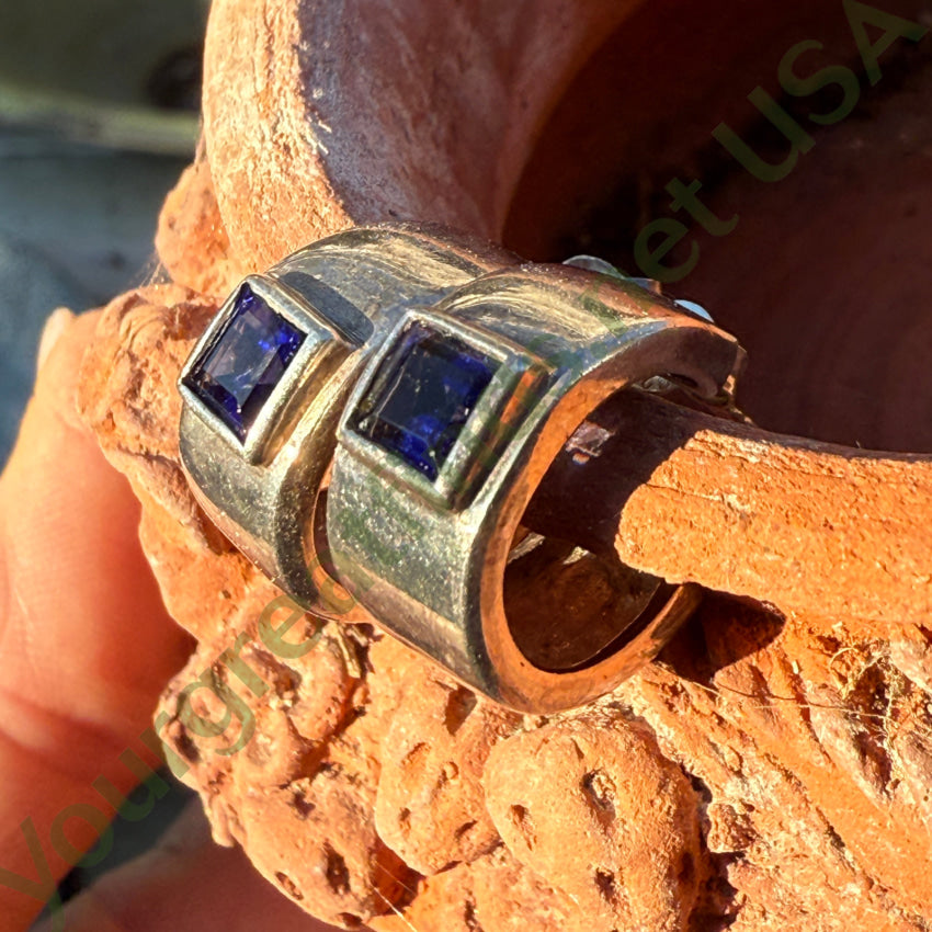 Vintage Sterling Silver & Blue CZ Hoop Pierced Earrings Earrings