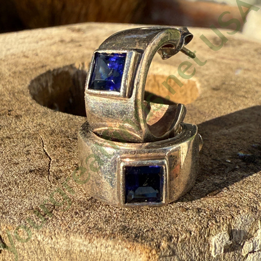 Vintage Sterling Silver & Blue CZ Hoop Pierced Earrings Earrings