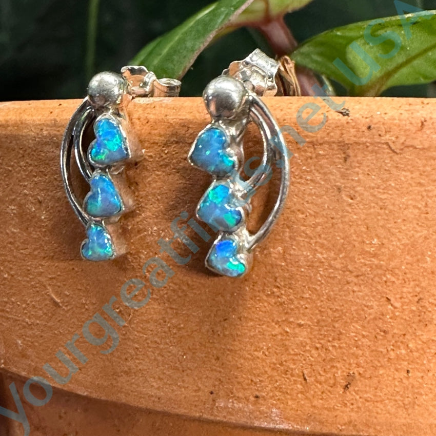 Vintage Sterling Silver &amp; Blue Opal Heart Pierced Earrings