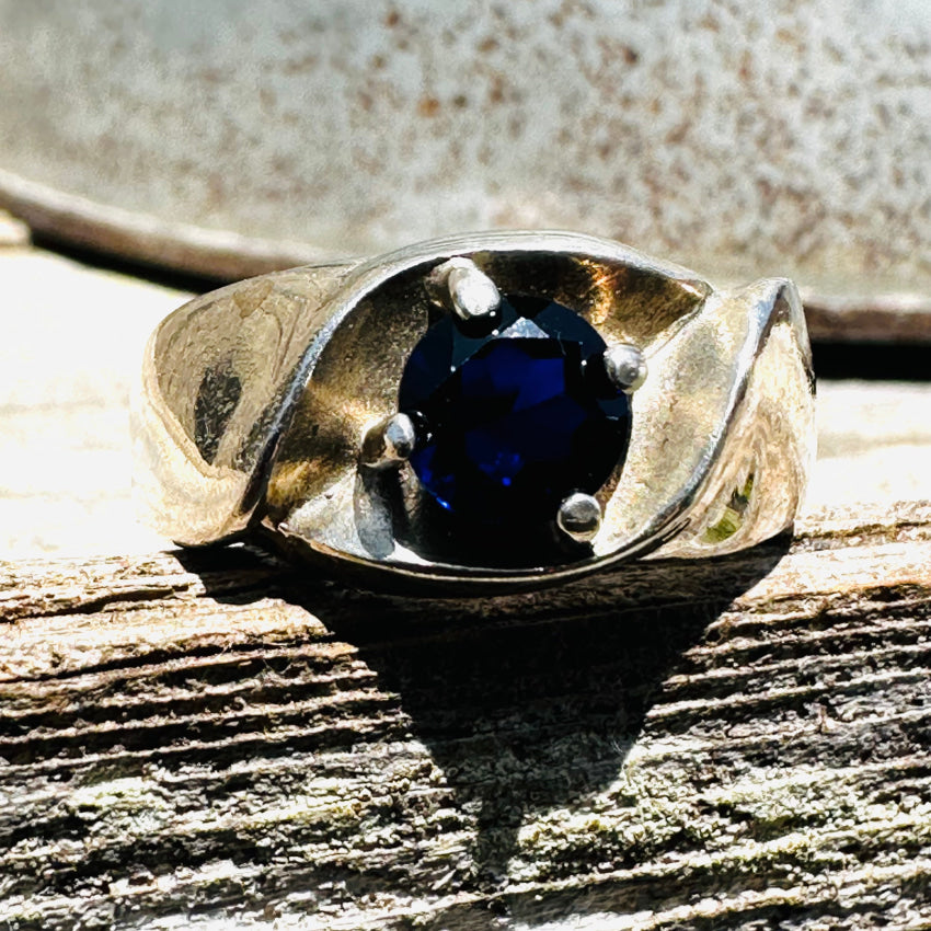 Vintage Sterling Silver & Blue Sapphire Signet Ring Size 10