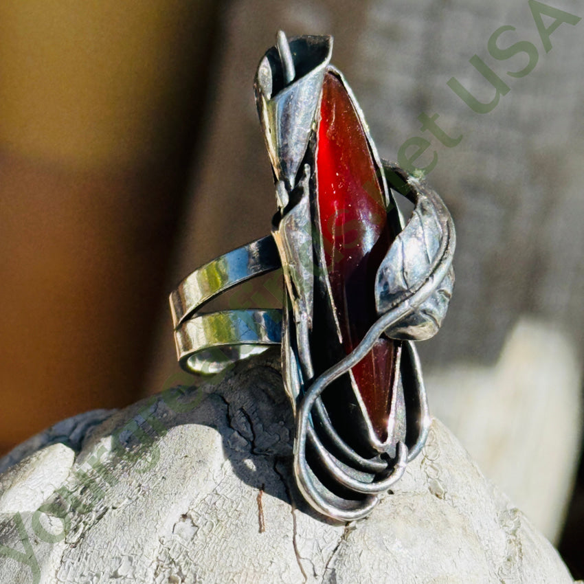 VIntage Sterling Silver Botanical Themed Long Ring Size 7.5 ring