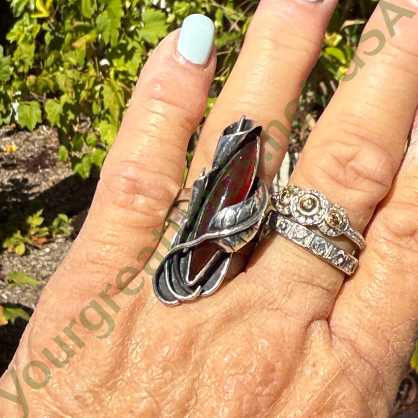 VIntage Sterling Silver Botanical Themed Long Ring Size 7.5 ring