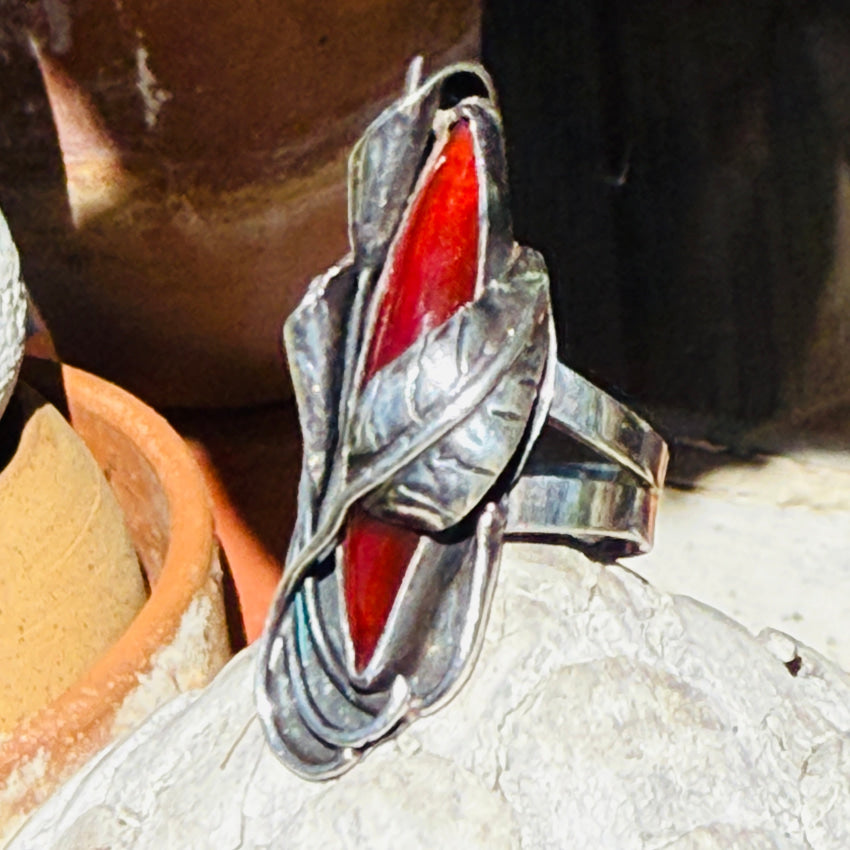 VIntage Sterling Silver Botanical Themed Long Ring Size 7.5 ring