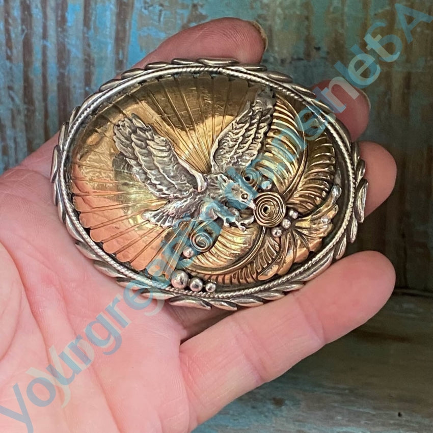 Vintage Sterling Silver Brass Appliqué Eagle Belt Buckle